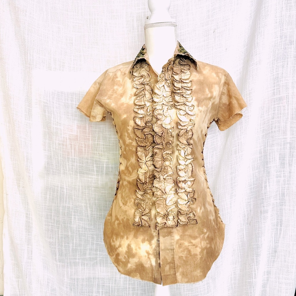 Vintage Ruffle Button Up Blouse Neutral Tie Dye Upcycled Romantic Boho Top
